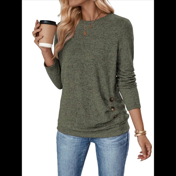 Camisa de Larga con Puños Abotonados para Mujer, Suéter Informal de Otoño, Moda Color Oliva XL