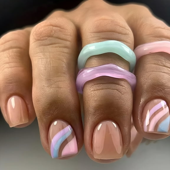 RAGUPEL Press on Nails Extra Short Square Petite Fake Nails Nude Full Cover Pink Blue Swirl False Nails with Designs Glossy Glue on Nails Cute Acrylic Nails Artificial Nails for Women Girls 24Pcs