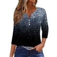thumbnail image 1 of Camiseta de mujer Camiseta con estampado de botones Manga 3/4 Diario de fin de semana Moda básica Cuello en V Top regular Azul marino/M, 1 of 5