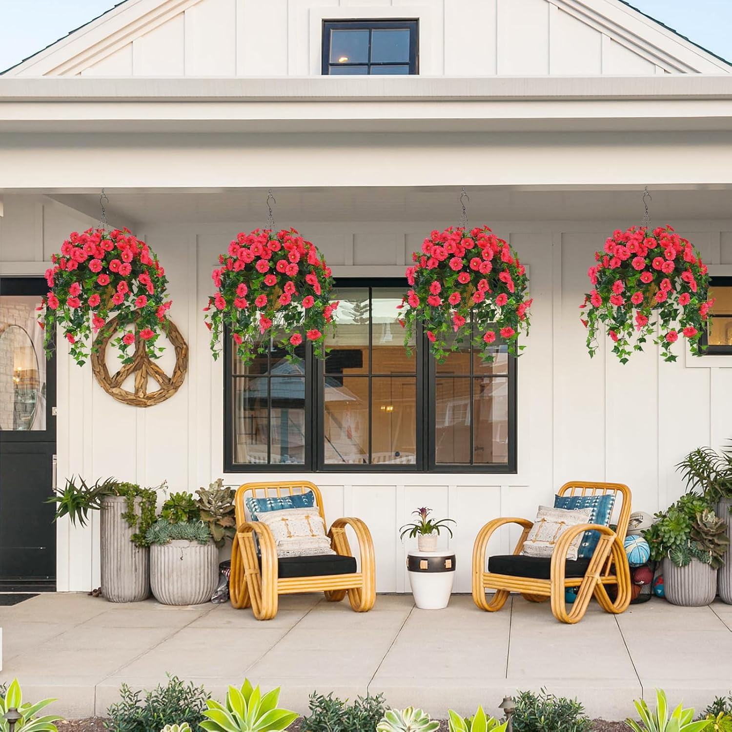 Artificial Hanging Plants Outdoors, Fake Hanging Flowers with Basket, Faux Vine Bougainvillea for Urn Fillers Front Porch Patio Outside Summer Decor Flower