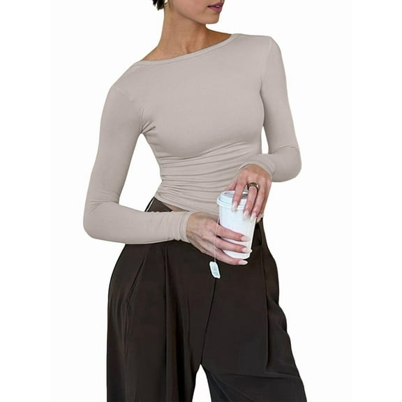 Womens Crewneck Long Sleeve Shirt Double Lined Basic Tees Side Ruched Going Out Crop Tops Gray S