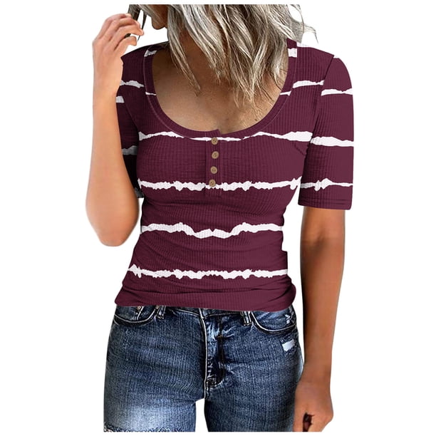 Blusas de Manga Corta para las Mujeres Cuello Redondo Botón Arriba Camiseta Suelta, Top de Algodón de Imitación Casual para Diario
