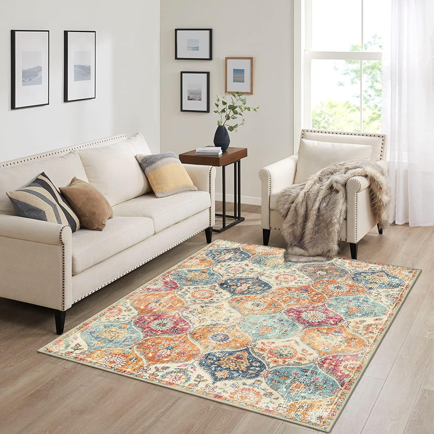 Moynesa 3'x5' Moroccan Trellis Area Rug, 3x5ft Washable Bedroom Rug Indoor Non-Slip, Small Oriental Accent Throw Rug for Kitchen Entryway Bathroom Living Room Office Carpet Cream