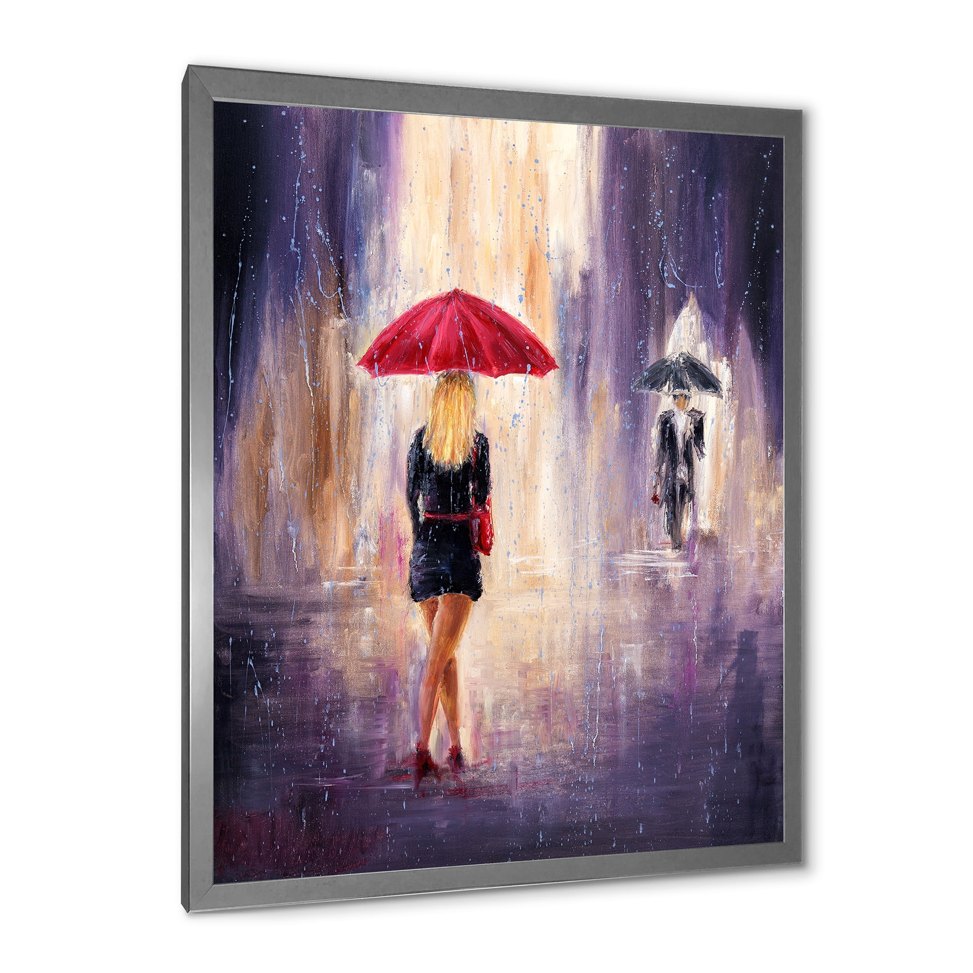 Designart 'The Girl With The Umbrella Walking In The Rain II' French Country Framed Art Print