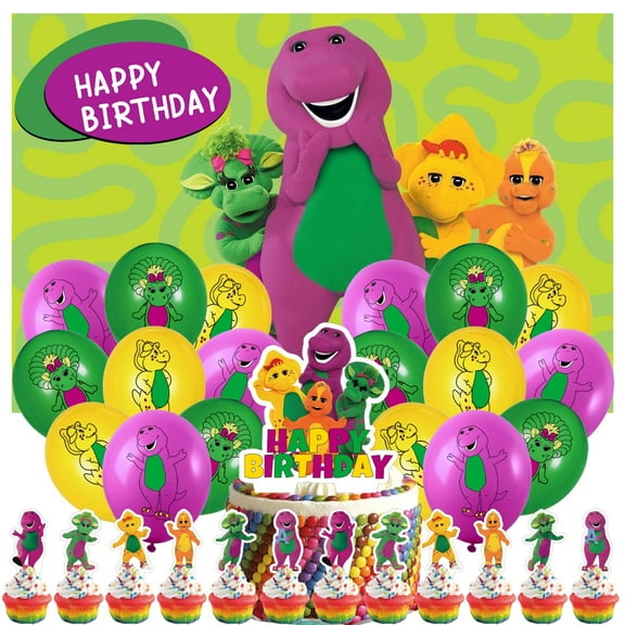 32 PCS For Barney and Friends Cartoon Theme Party Decorations Set,With 5*3ft Birthday Backdrop Decorations,18 Balloons,13 Cupcake Toppers Balloons,for Boy Girls Party Supplies Set