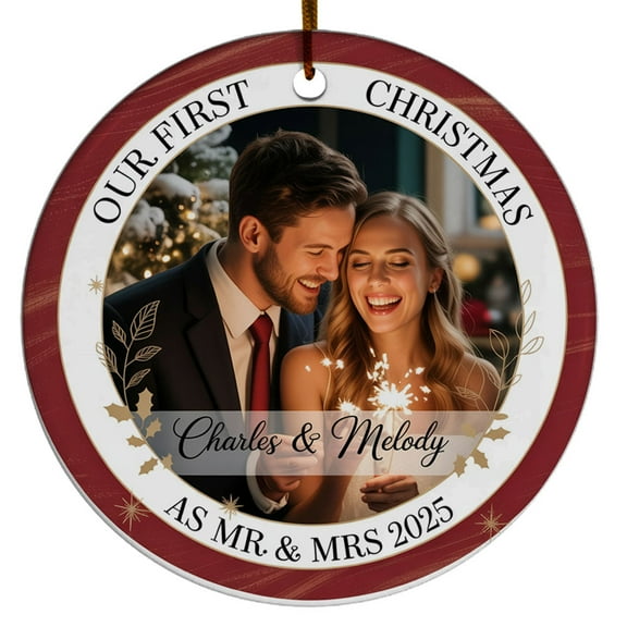 Mr & Mrs Picture Christmas Ornament 2025, Our First Christmas as Mr & Mrs Keepsake, Custom Name Text Year Photo Christmas Ornament Gift for Newlywed Couple