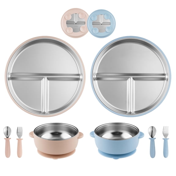 Lumikrypt 8Pcs Stainless Steel Baby Plate & Bowl Set with Suction, Baby Feeding Set with Fork and Spoon Utensils, Baby Led Weaning Tableware, BPA-Free(Pink & Blue)
