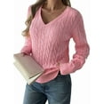 thumbnail image 2 of Women Long Sleeve Cable Knit Sweater Fashion V Neck Fitted Pullover Top Business Casual Fall Outfits Pink M, 2 of 7