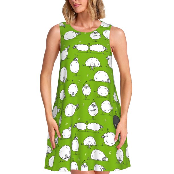 Fotbe Funny Sheep Doing Yoga Vestido de Verano sin Mangas para Mujer – Vestido Midi Línea A, Estilo Camiseta Floral, Vestido Playero Casual y Fluido