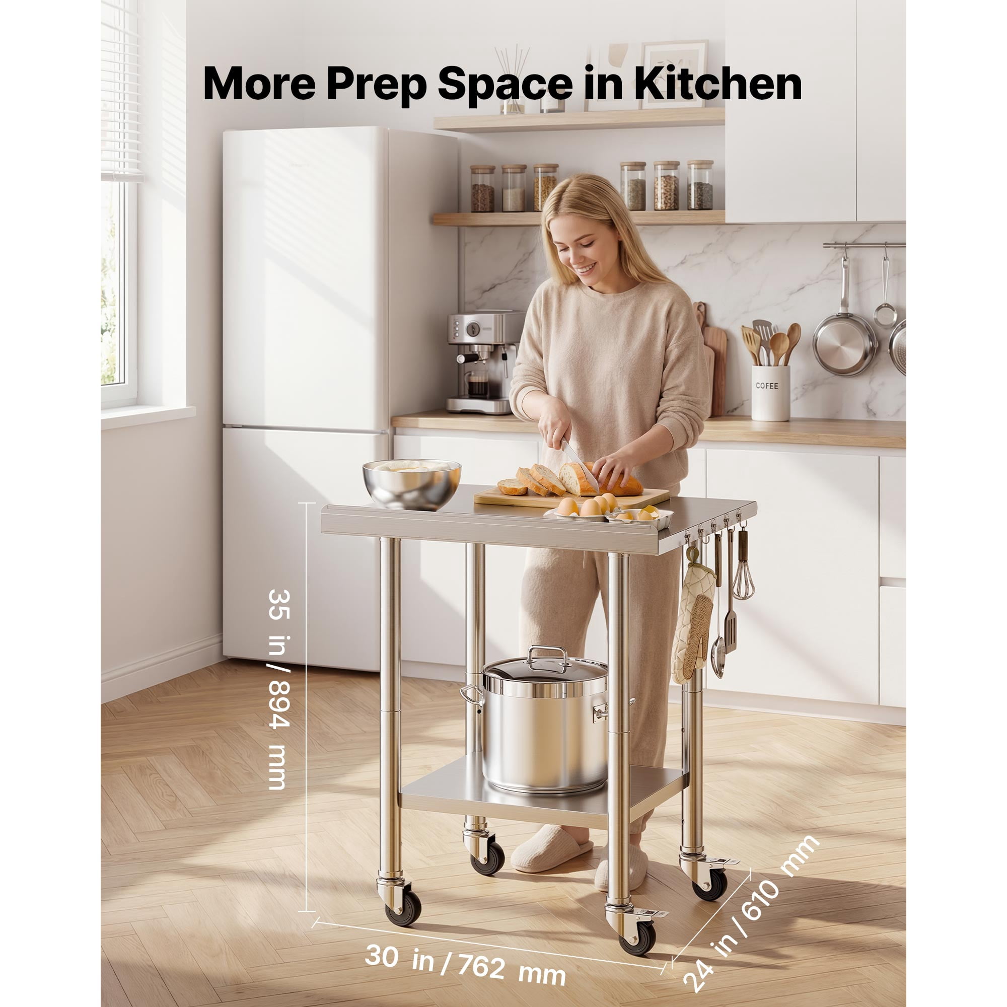 KFFKFF Stainless Steel Work Table, 24x30 inch Food Prep Station with Wheels and Backsplash, Adjustable Undershelf Metal Utility Table for Kitchen, Home, Restaurant, or Outdoor Use