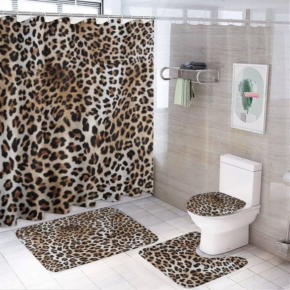 Animal Cheetah Print Shower Curtain Set Modern Bathroom Decor Mats 4pcs Fabric Bathroom Curtain Slip Floor Rug Toilet Lid