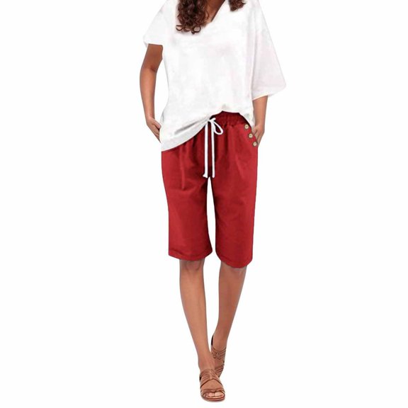 CQONEPT Womens Short Pants Casual Drawstring Straight Leg Shorts Elastic Waist Summer Vacation Pants with Pockets Light Blue XL