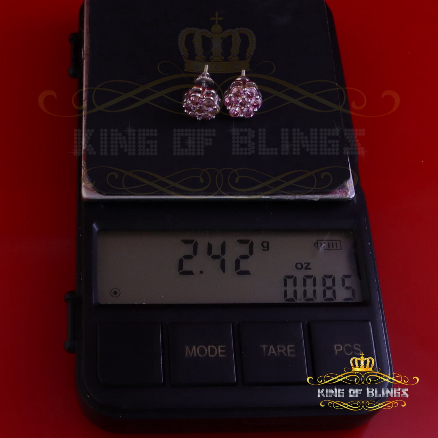 King of Bling's 925 Silver White 1.66ct VVS D Pink Moissanite Floral Men's/Women's Stud Earrings