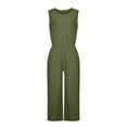 thumbnail image 5 of Linen Jumpsuits for Women Sleeveless Solid Crewnek Loose Wide Leg Palazzo Cropped Pants Lounge Romper with Pockets, 5 of 7