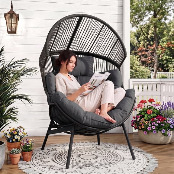 Dovov Oversized Egg Chair, Wicker Egg Lounge Chair with Cushion, Modern Rattan Basket Chair All Weather Lounger Patio Chair w/ Steel Frame, for Backyard Porch, 550 Lbs Capacity, Gray