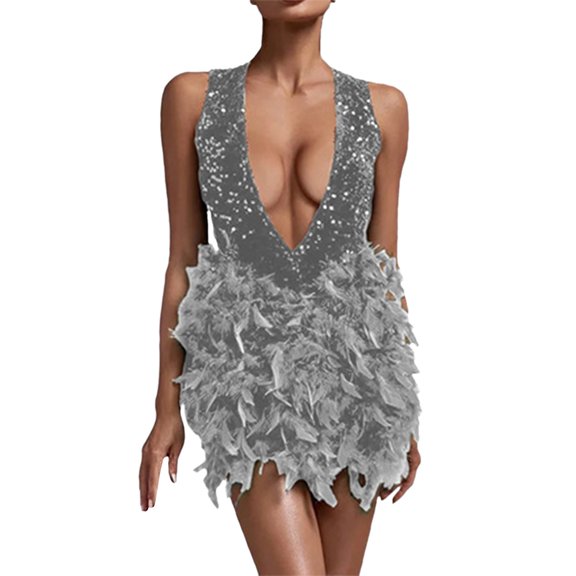 Wdgfv Womens Sequin Dress Deep V Neckline Feather Sequin Elegant Casual Backless Party Dress with Back Design Grey XL
