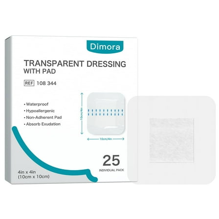 Dimora Transparent Film Dressing with Pad 4"x4", 25 Count, Waterproof Adhesive Wound Bandage, Large Clear Tape for Wound Care, IV Shield, Tattoo Aftercare, Shower Protector