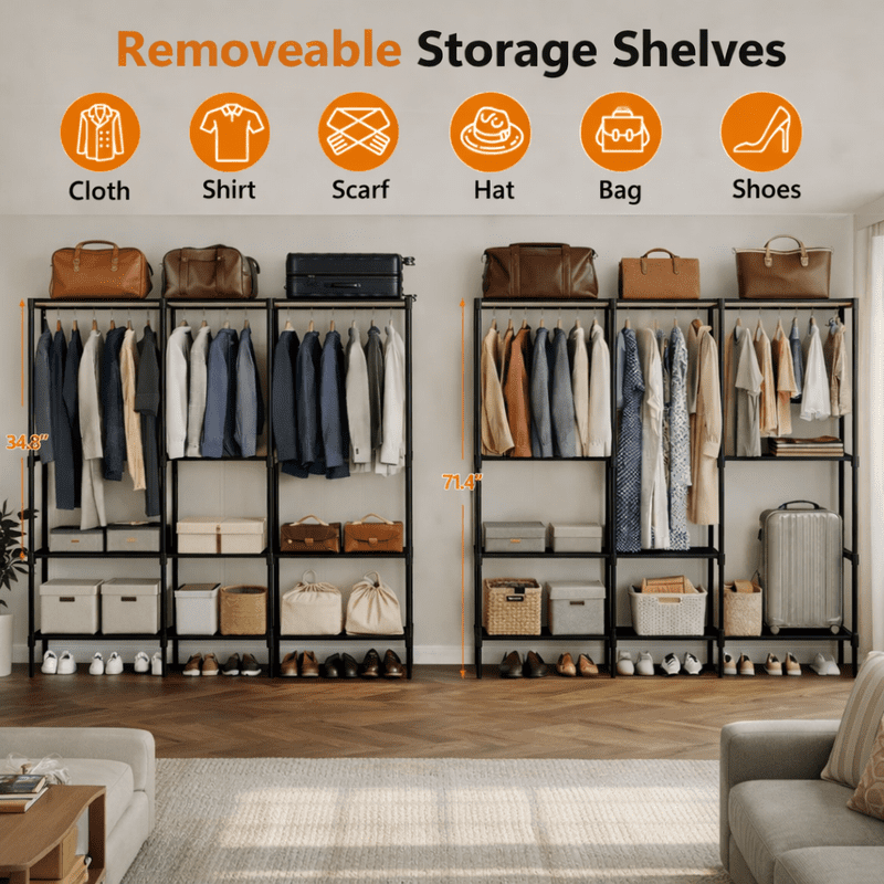 Simple Deluxe Clothes Rack, Heavy Duty Clothing Rack, 4-Shelf Portable Adjustable Wardrobe Closet with Hanging Rods, 74.2" W x 15.5" D x 77.1" H, Black