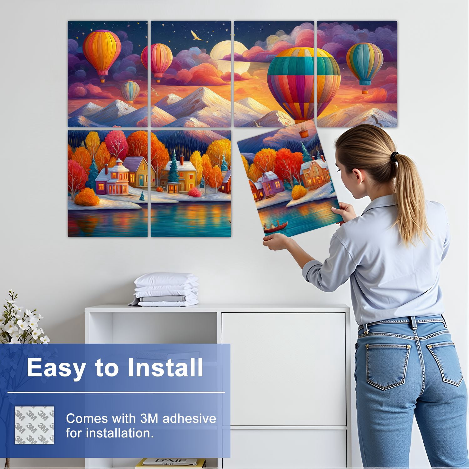 8 Pack Art Acoustic Panels Sound Absorbing Snow Mountain Diamond Art Mountain Lake Landscape Hot Air Balloon Full Decorative Soundproof Wall Panels Self Adhesive for Nursery Game Room Bedroom 48"x32"