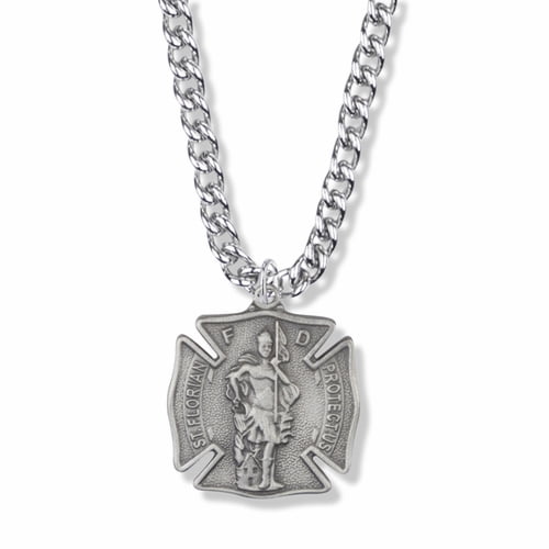 Singer Men's Women's 1-1/8 Inch Pewter St.Florian Shield Medal, Patron Saint of Firefighters with Stainless Steel Rhodium Plated 24" Chain, Style Saint, Fire Department