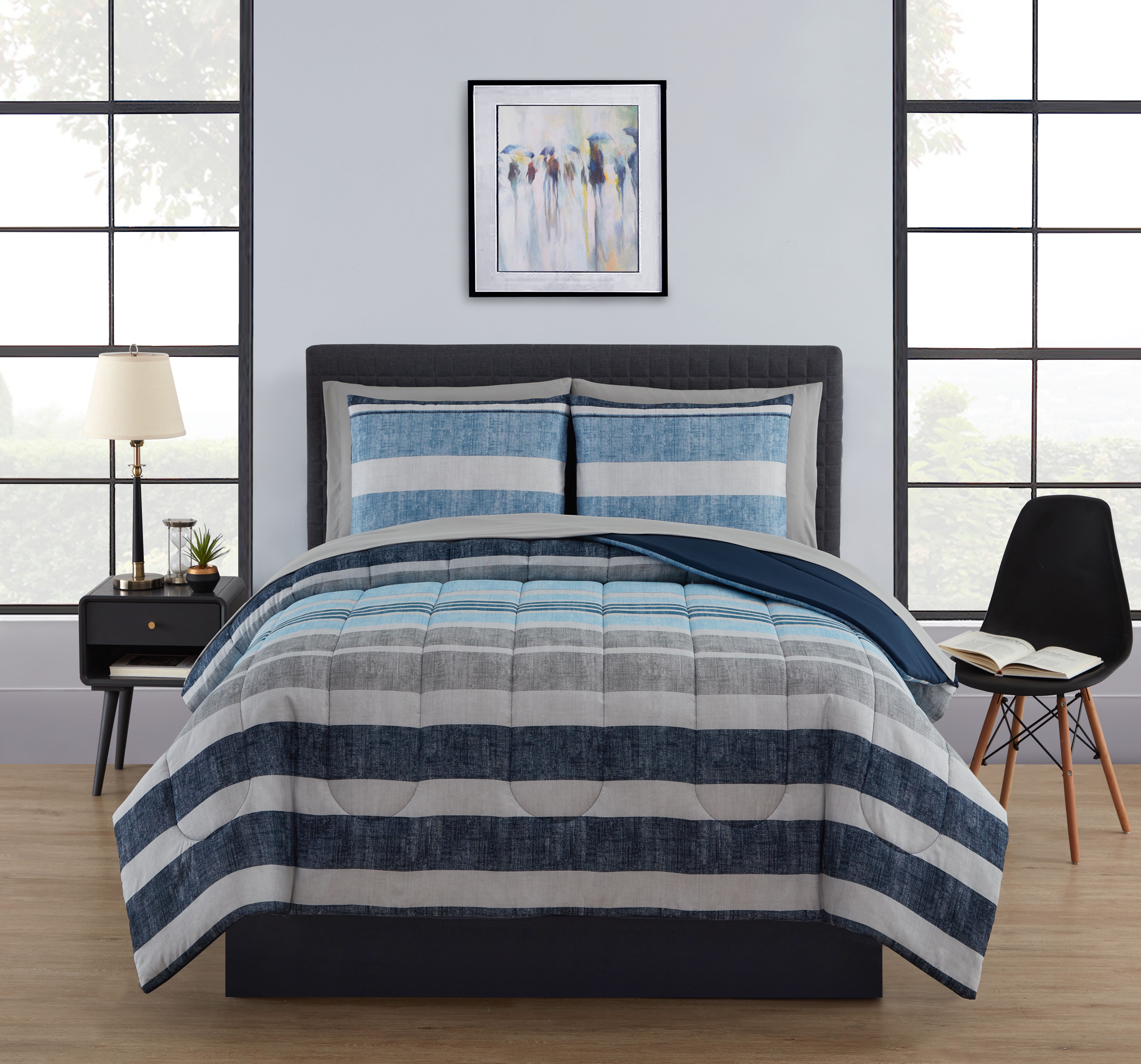 blue and white striped bedding