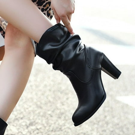 

Hvyes Christmas Deals Women Shoes Elastic Solid Color Square High Heels Casual Warm Wear-Resistant Slip-On Fleece Cowboy Boots