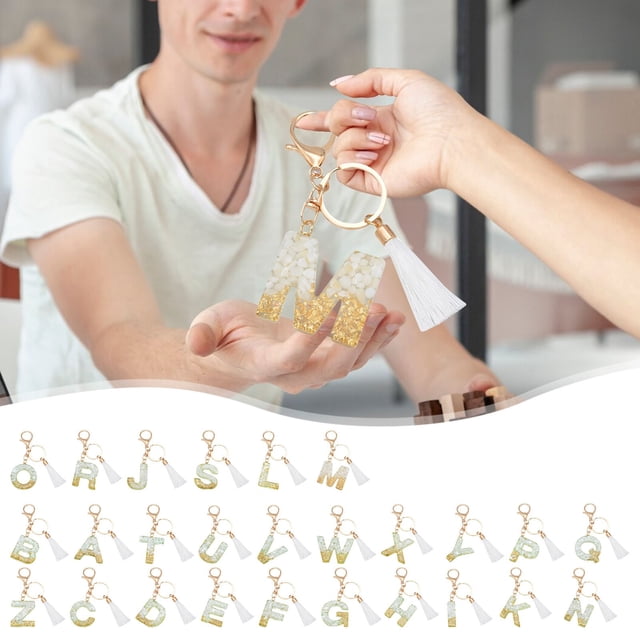Xihbxyly Llavero con Borla Blanca, Diseño de Letras Personalizable, Colgante de Cristal, Accesorio Multifuncional para Bolso, Regalo Personalizado, Estilo Moderno, Versátil, Decoración Elegante.
