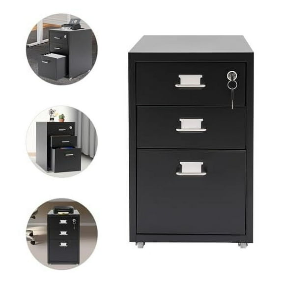 3-Drawer Vertical File Cabinet,Metal Mobile File Cabinet with Lock and Curved Handle, Freestanding Filing Cabinet Under Desk,Office Storage Cabinet for Home, Office, Study, Dresser