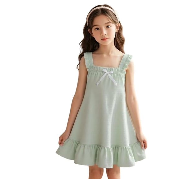 WAYUTE Dresses for Girls Sleeveless Square Neck Ruffle Solid Color Nightdress with Backless Design Soft Home Outfit Casual Outdoor