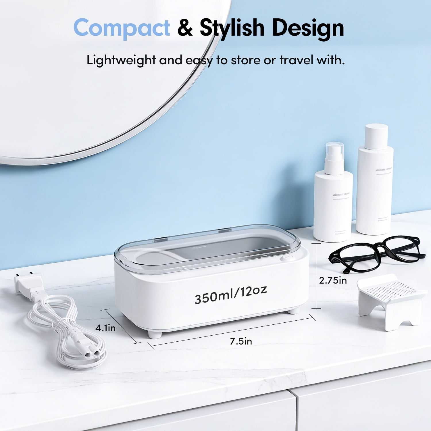 Askmuse Ultrasonic Jewelry Cleaner Machine, Ring Cleaner with Accessory Holder, 48KHz Deep Wash, 12oz 304 SS Tank, Dual Modes for Retainer, Denture, Glasses, Gold, Silver, Diamond Ring, Home Use Gift