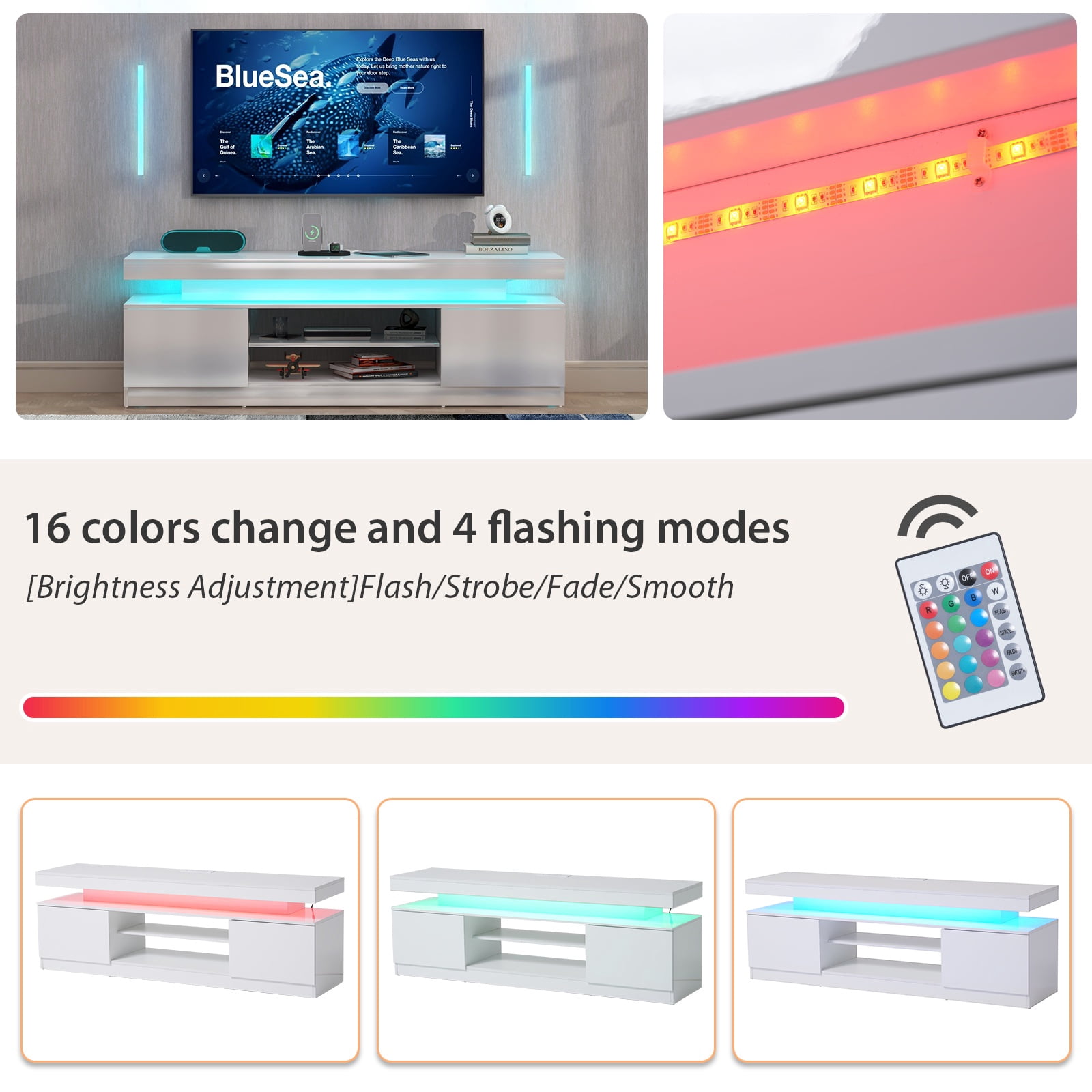 JOIVI LED TV Stand with Power Outlets, Modern High Gloss Entertainment Center for TVs Up to 75", TV Media Console with Storage, White