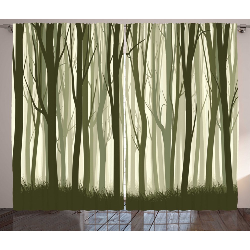 Forest Curtains 2 Panels Set, Mother Nature Theme Illustration of
