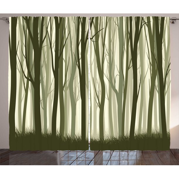 Forest Curtains 2 Panels Set, Mother Nature Theme Illustration of Mystical Forest with Trees