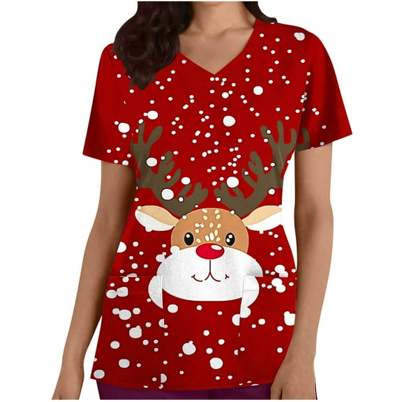 Xfvqtps Christmas Scrub Tops for Women Soft V-Neck Scrubs Comfortable Lightweight Nursing Uniforms Casual Printed Short Sleeve Nurse Top Working Uniforms with Pockets Red
