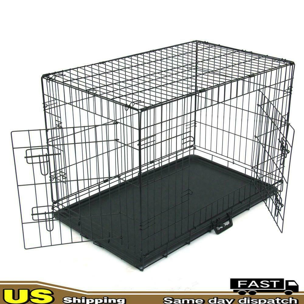 36 Pet Kennel Crate Cage Cat Dog Folding Steel Crate Animal Playpen Wire Metal 2 Door Divider Plastic Tray Pan Playpen Wire Metal