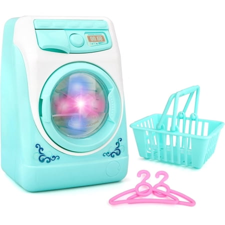 deAO Washing Machine Toy for Kids Dollhouse Furniture Pretend Play Household Appliance Realistic Sounds with Lights Laundry Play Set with Rotatable Roller for Children Birthday Present…