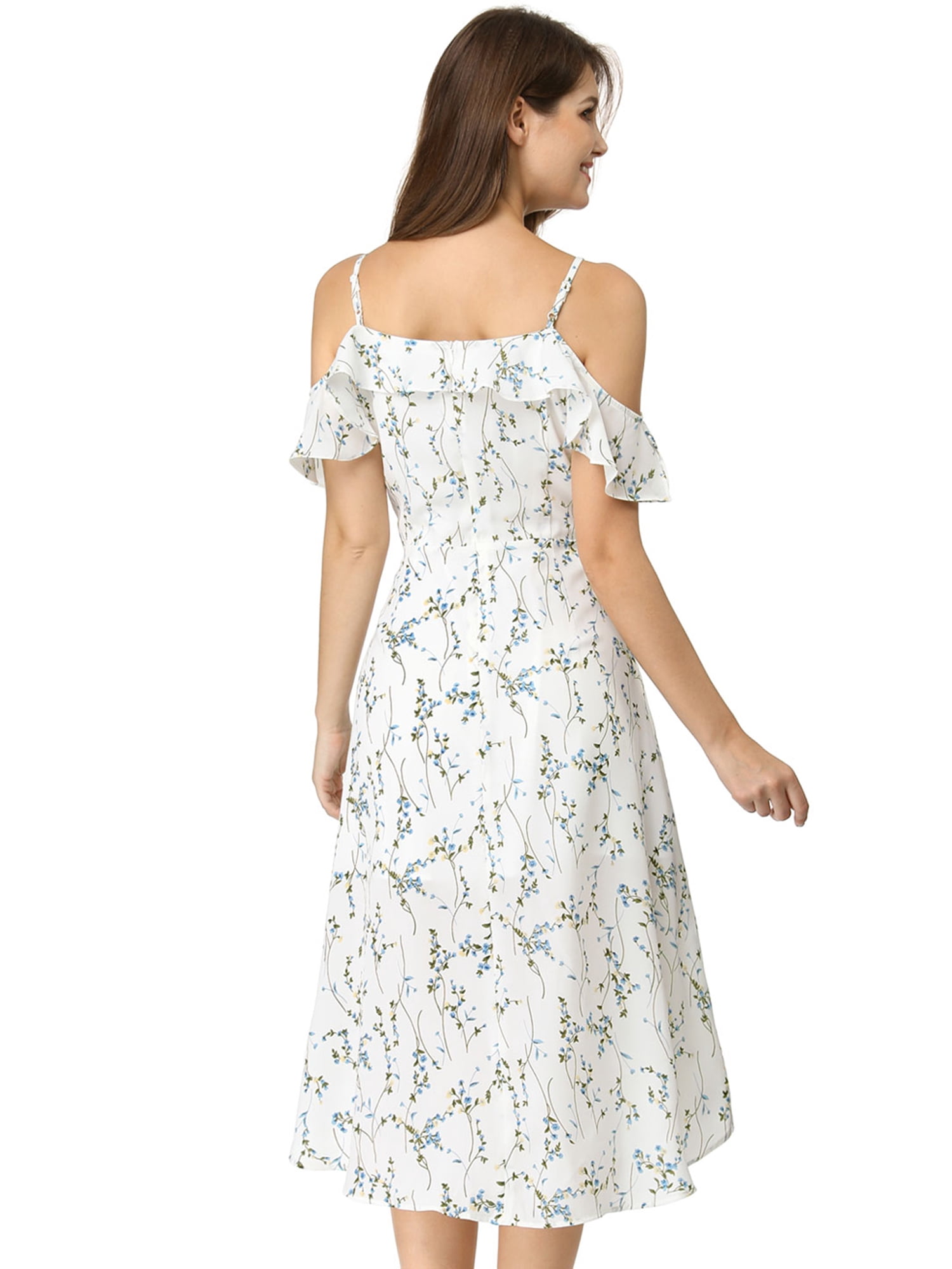 DARING DIVA Floral Spaghetti Straps Ruffled Sleeve Midi Dress XL White Blue
