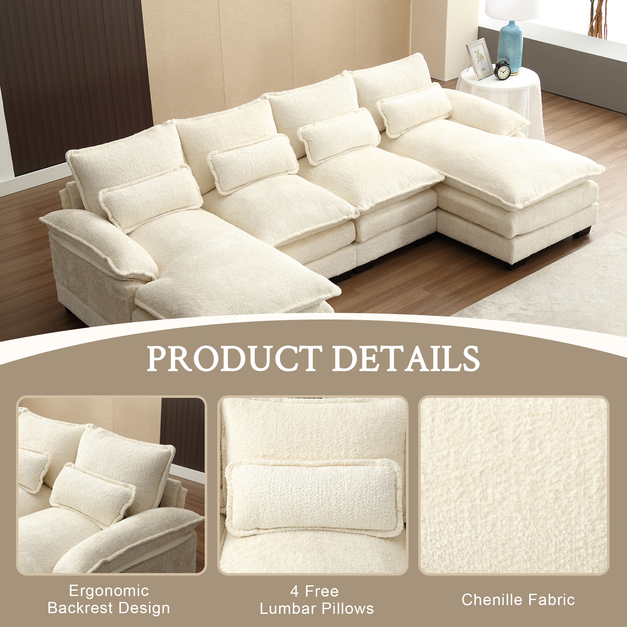MOONMISS Chenille Upholstered U-Shaped Oversized four-seater Living Room Sectional Sofa With Wooden Frame-Beige