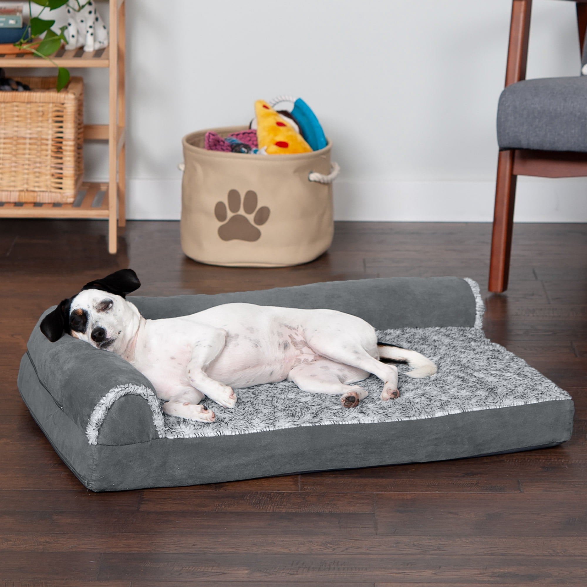 Furhaven XL Memory Foam Hundebett – L-Form, Waschbar, Steingrau, Jumbo