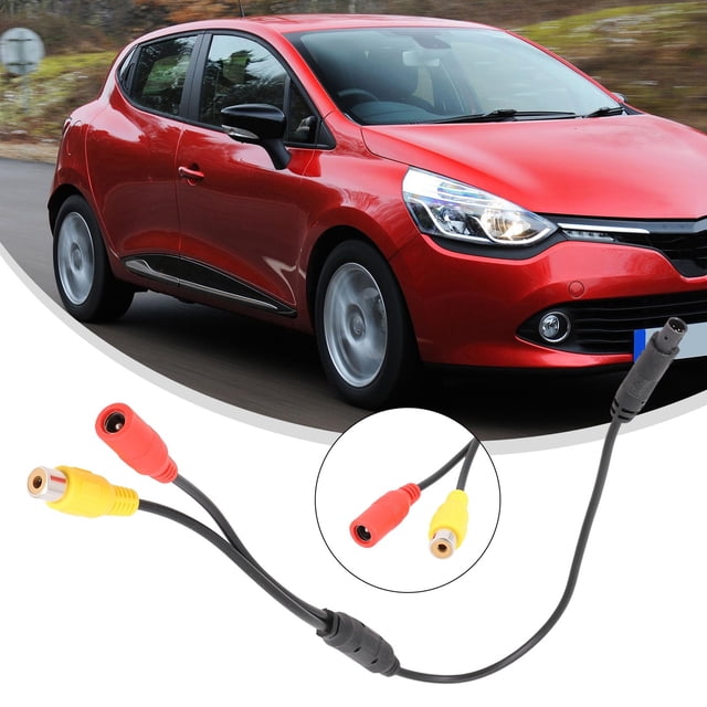 Caméra de Recul de Voiture Harnais de Fil 4 Broches Mâle vers Cvbs Rca Femelle Connecteur. l'Image Affiche un Harnais de Fil Noir avec un Connecteur Mâle 4 Broches et des Connecteurs Cvbs Rca Femelle en Rouge et Jaune. Elle Mesure 58,5 cm (23 Pouces) de long et Convient pour Connecter des Caméras de Recul de Voiture. une Voiture Rouge Est visible en Arrière-Plan, Mettant en Valeur Son Usage Automobile.