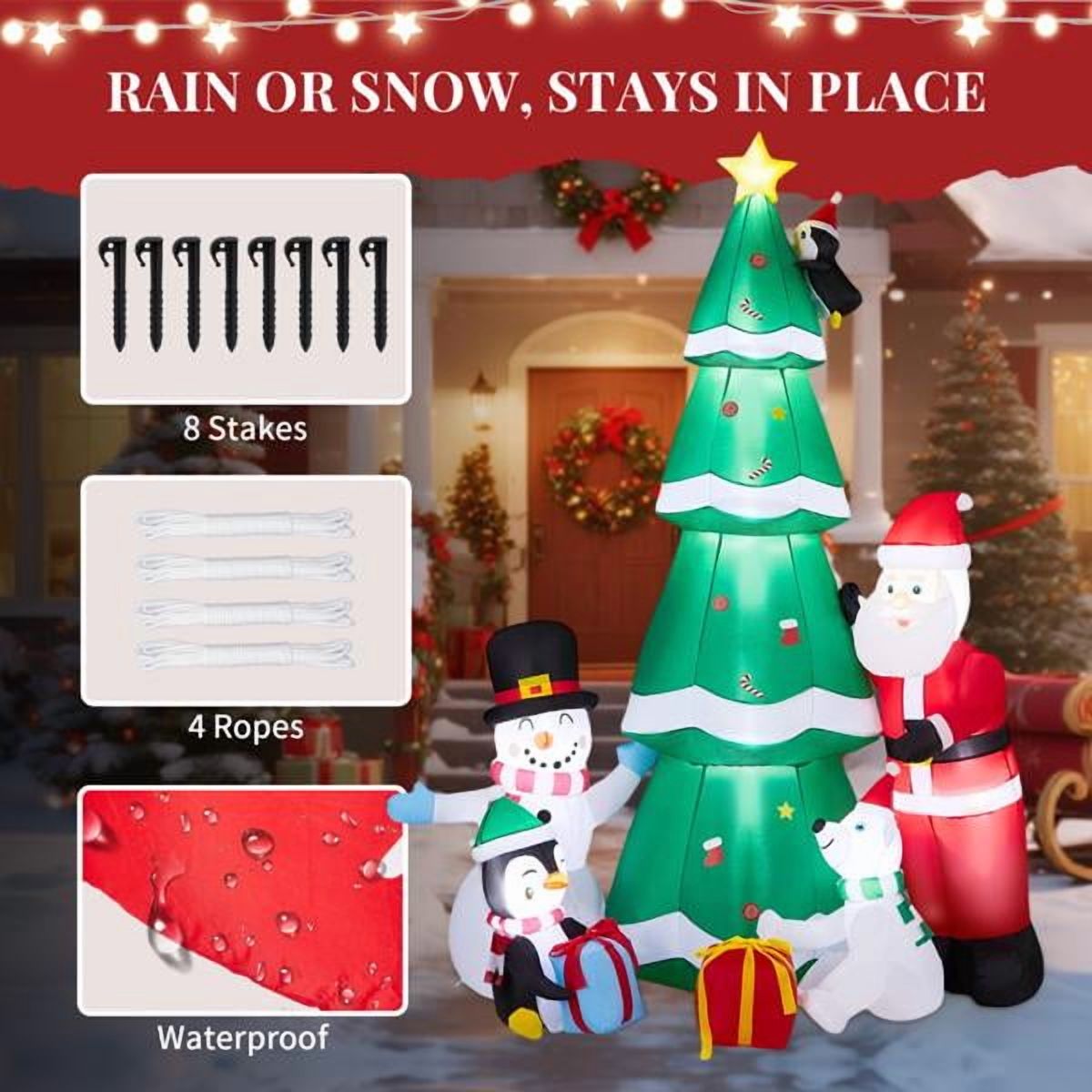 Giant Christmas Inflatable Tree with Santa, Snowman, Penguin, Weatherproof Polyester for Yard, Garden, Indoor