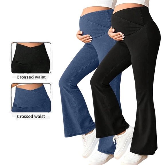 QIUOMBBP Maternity Jeans for Women Crossover Elastic Waist Flared Leg Pregnancy Denim Pants Over Pregnancy Bottoms Black M