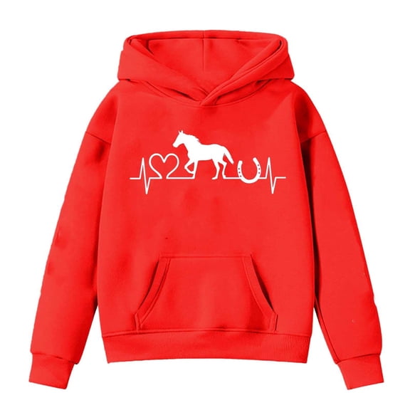 Zylarhe Boys Girls Sweatshirts Themed Girls Long Sleeve Hooded Sweatshirt with Horse Print Design for Casual Comfort and Play 4-5 Years Red