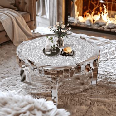 Wisfor Crushed Diamond Round Coffee Table Mirrored Frame Silver 31.5x31.5x18.3inch
