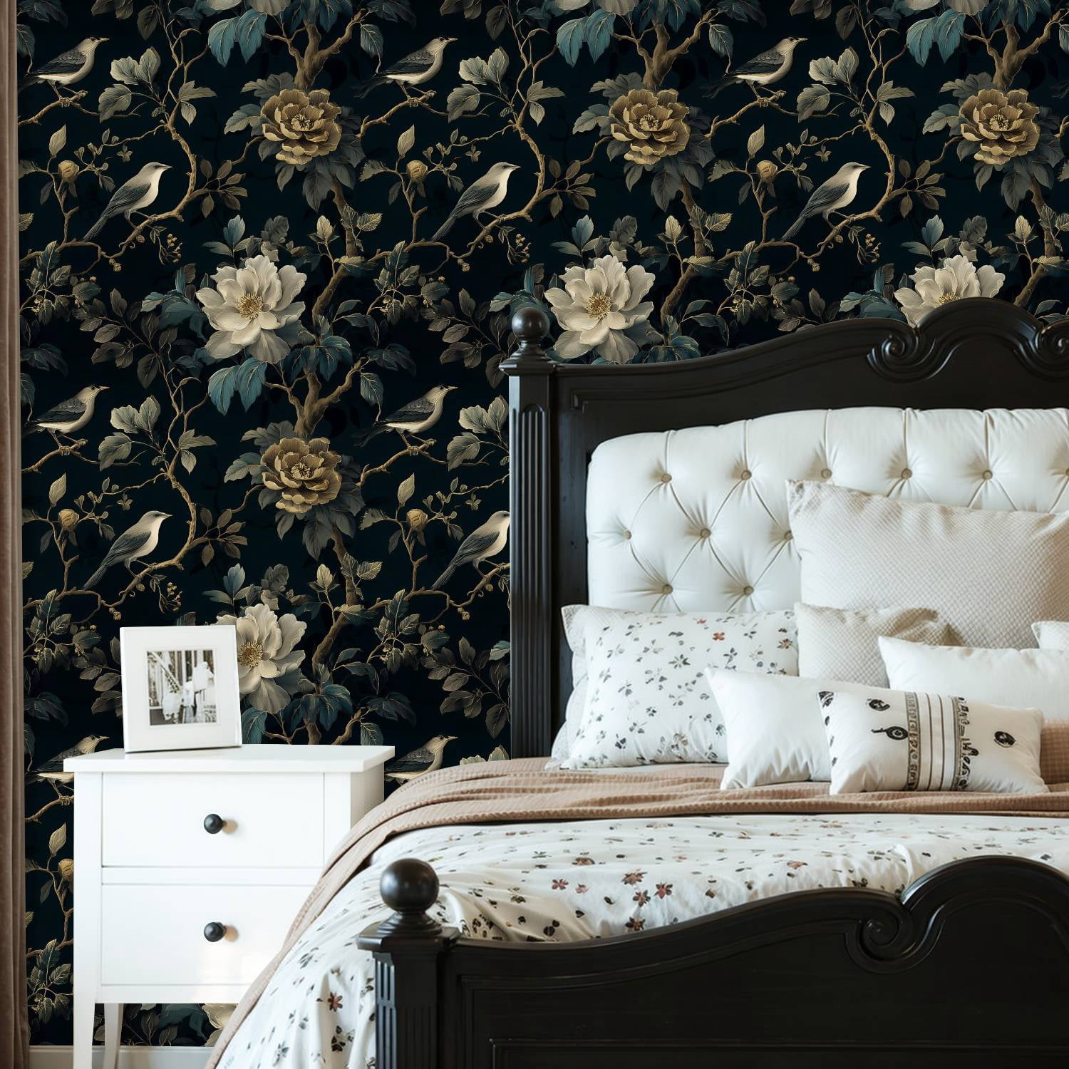 Boho Peel and Stick Wallpaper Elegant Birds Vintage Floral Dark Botanical Wall Mural 23.6in x 9.8ft Self Adhesive Removable Wall Paper Renter Friendly Wallpaper for Nursery Bedroom Cabinets