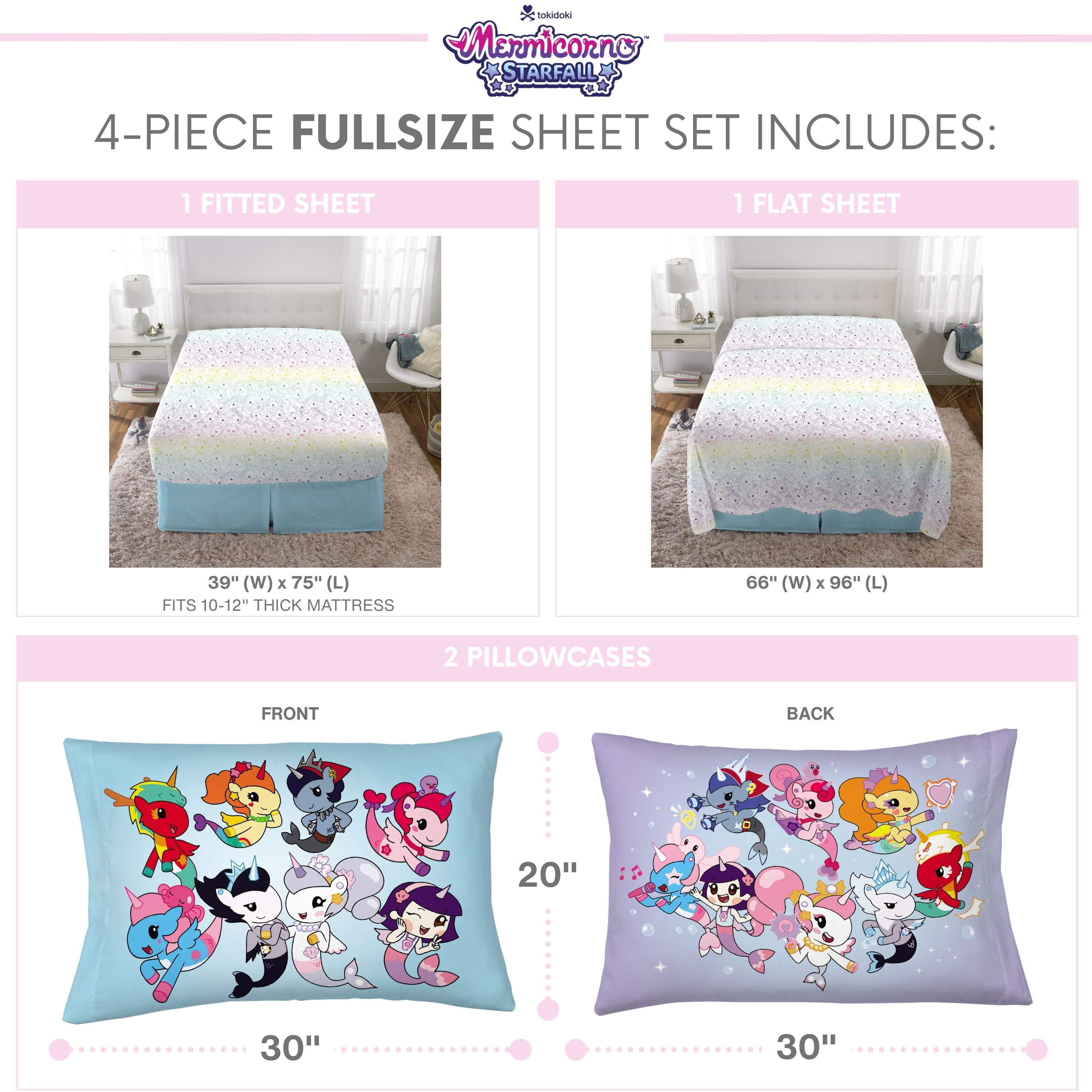 Mermicorno Starfall Kids 4 Piece Rainbow Ombre Sheet Set, Full