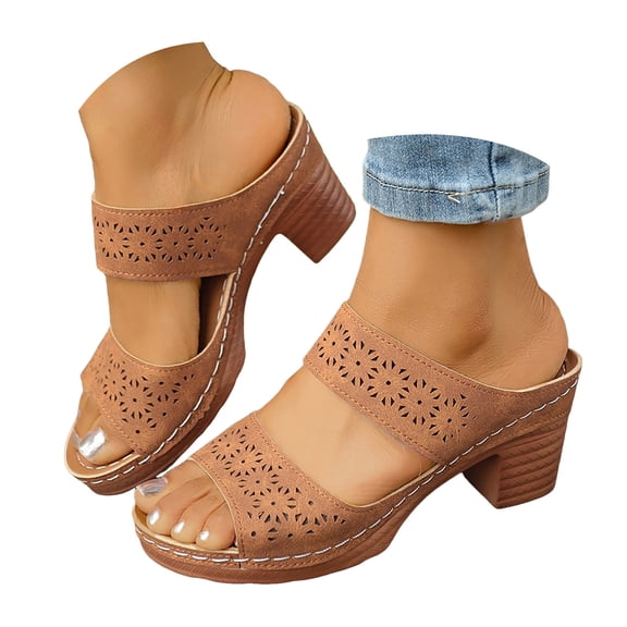 YLYL Women's Sandals Chunky Block Heel Hollow out Peep Toe Fashion Dressy Slip on Summer Slippers