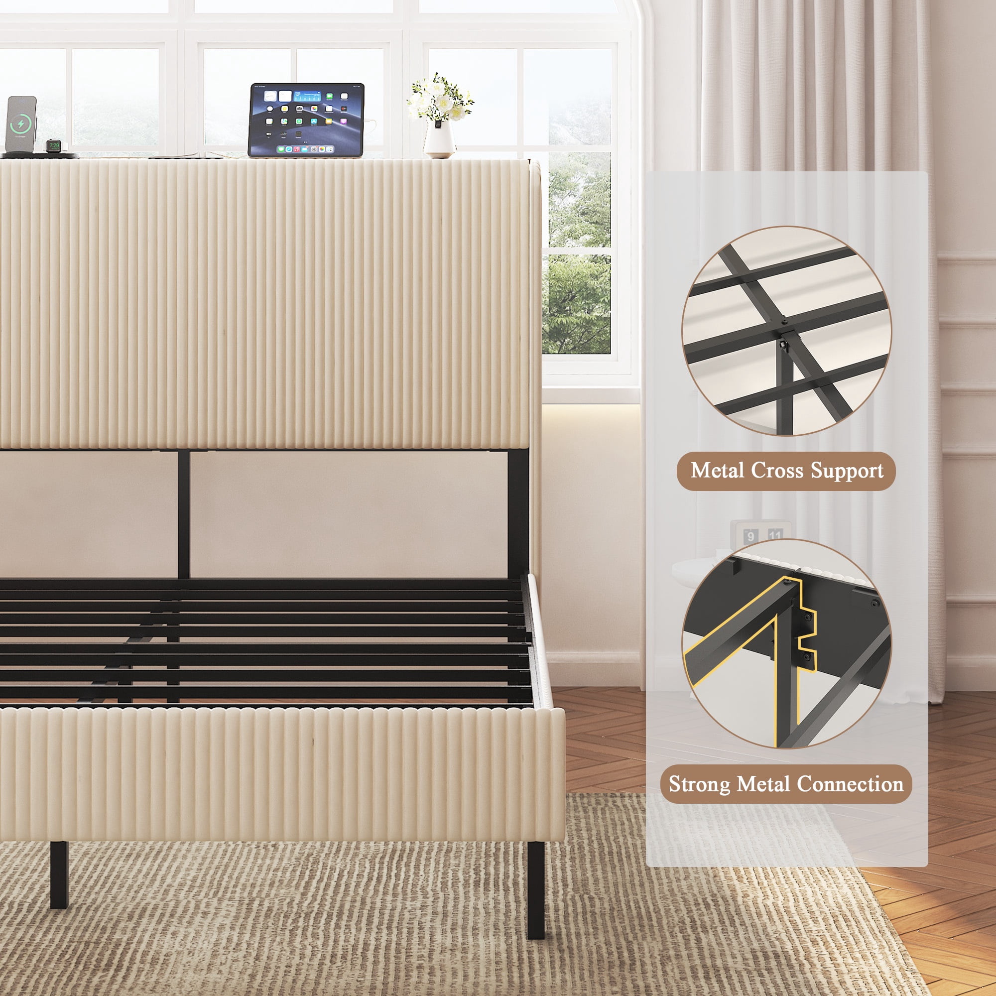 PAPROOS Queen Bed Frame, Queen Bed with Charging Station, LED Light Strip, Upholstered Headboard, Metal Platform Bed with Under Bed Storage, No Box Spring Needed, Beige