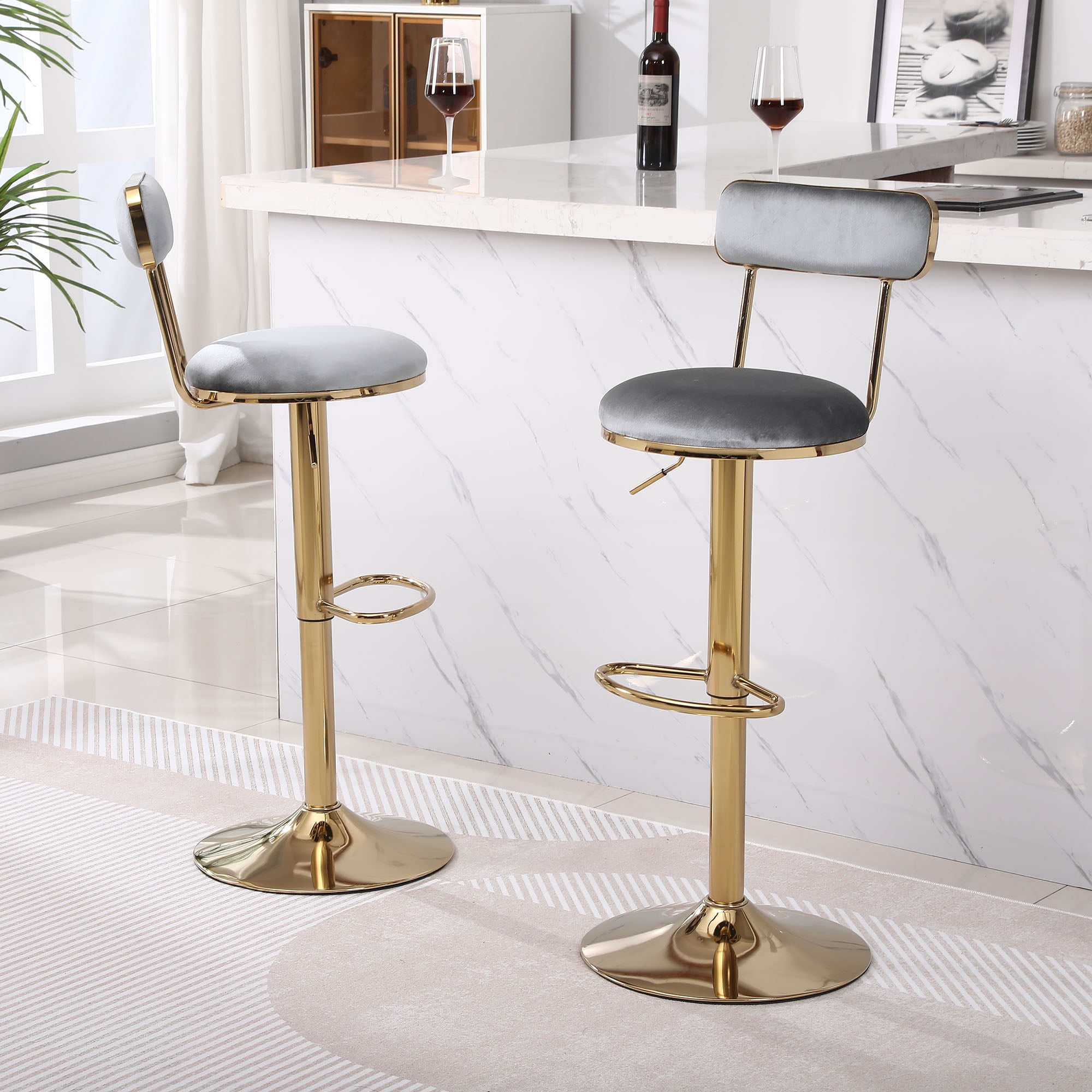 Kadyn Set of 2 Adjustable Counter Height Bar Stools with Back and Footrest, Grey Kadyn Set of 2 Adjustable Counter Height Bar Stools with Back and Footrest, Grey