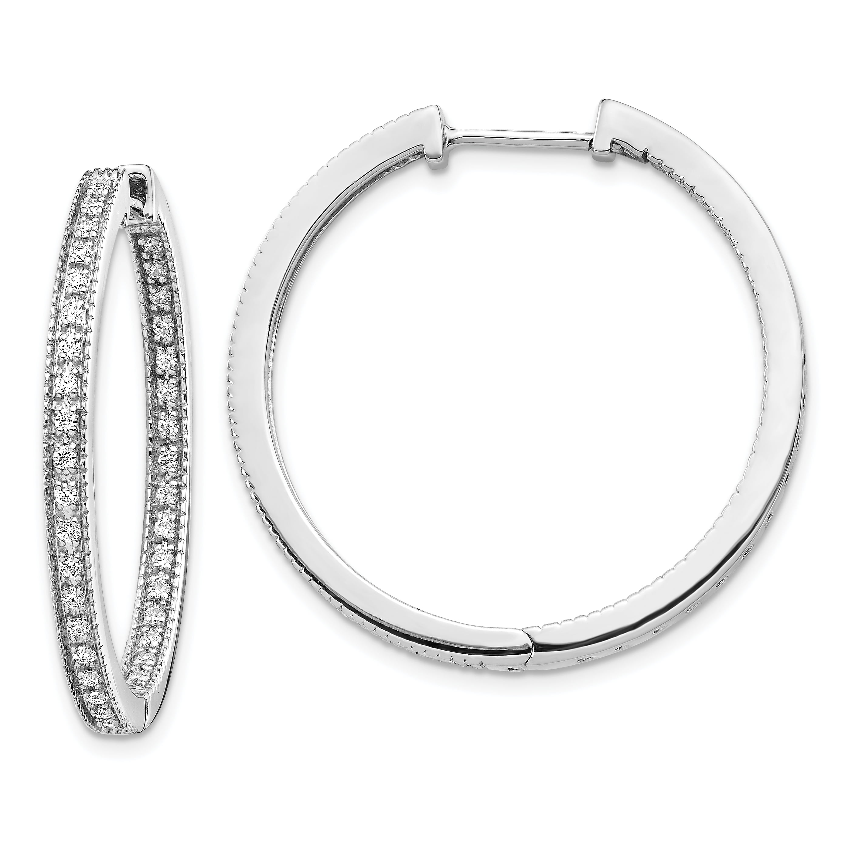 Finest Gold 14K White Gold Polished Diamond In-Out Hinged Hoop Earrings
